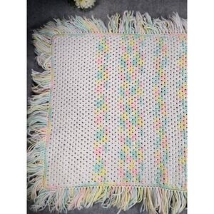 Vintage Handmade‎ Crochet Pastel Rainbow Baby Blanket Fringe Tassel Trim 38x29